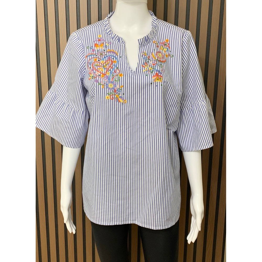 Quacker Factory Jeanne Bice Blue White Striped Embroidered Bell Sleeve Top Med